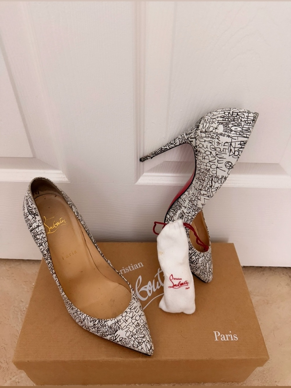 Christian Louboutin White Graffiti-Print Pigalle Heels with Red Soles